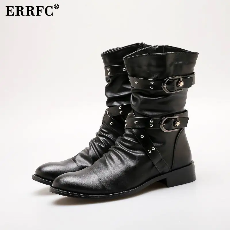 ERRFC/Новое поступление; осенние мужские черные ботинки до середины икры; модные джинсовые ботинки с острым носком; обувь с высоким берцем в британском стиле; мотоботы