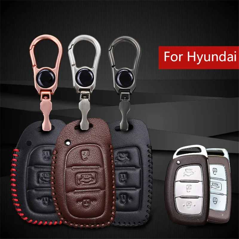 

Genuine Leather Car Smart Keychain Key Case Cover For Hyundai Hb20 I30 IX20 Solaris Creta Getz IX25 3 Buttons Key Holder Shell
