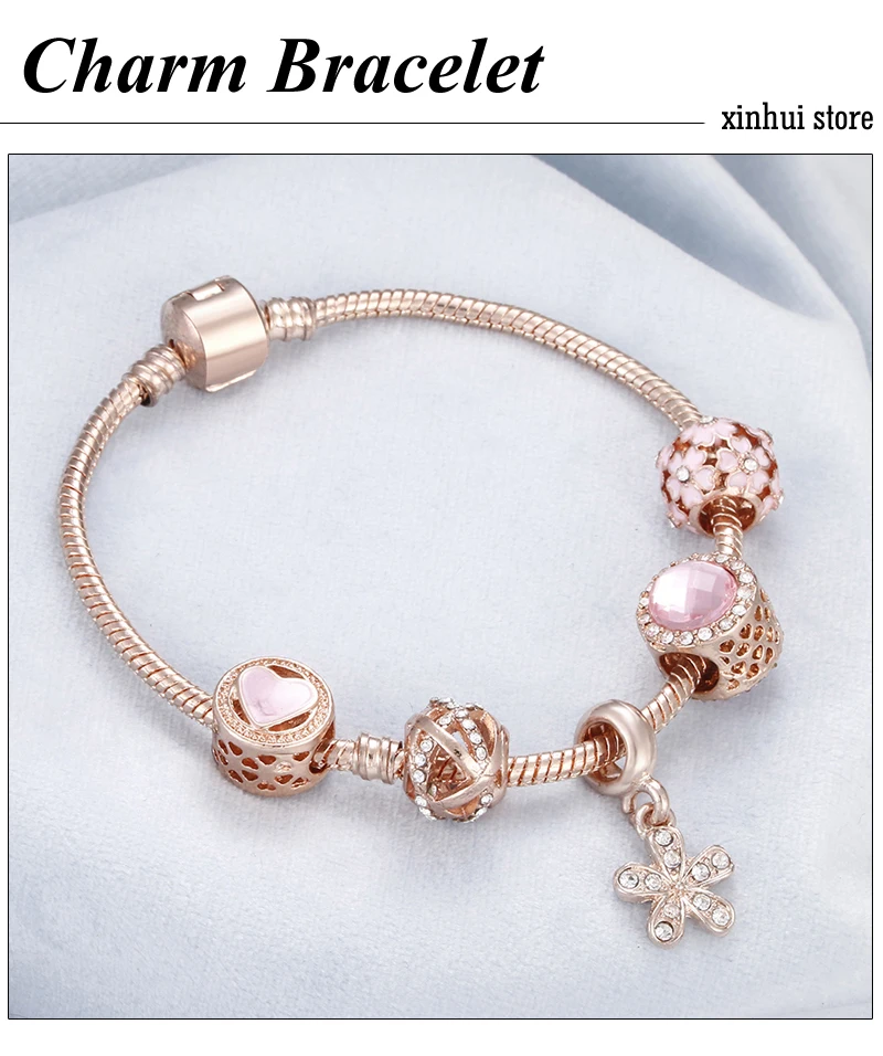 Модные золотые Роскошные цепи розовый цветок Полые бусины кристалл кулон браслеты и браслеты Шарм женский браслет ювелирные изделия аксессуары
