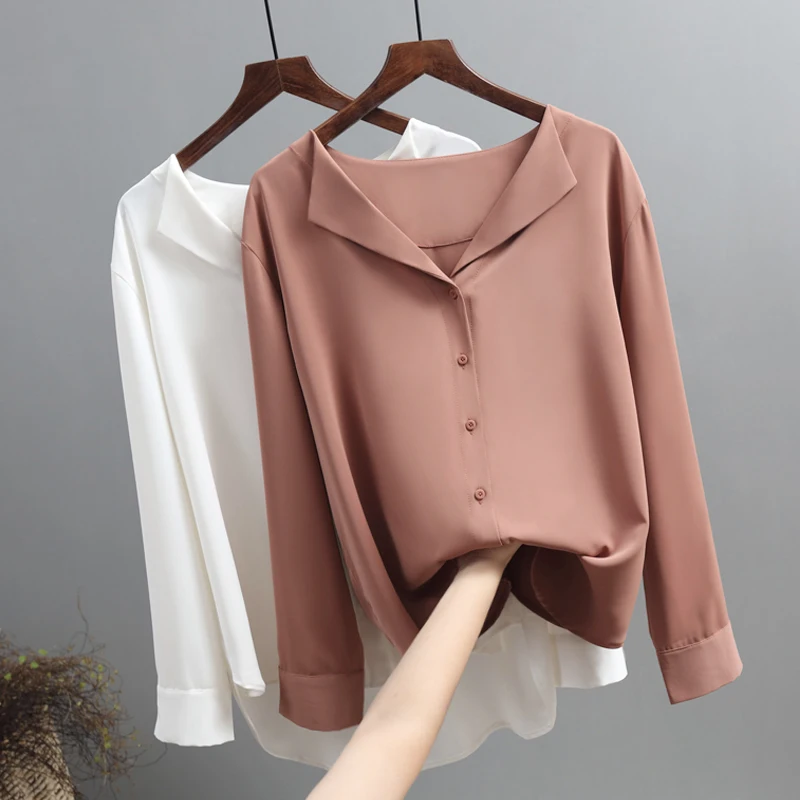 

2019 Korean Spring Summer Chiffon Shirts Women Elegant V Neck Long Sleeve Lazy Style Blouses Female Fashion Chic Pure Color Tops
