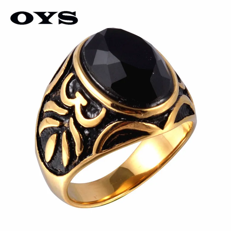 High Quality Men s font b Ring b font Black Agate Retro Carving High Polished Stainless