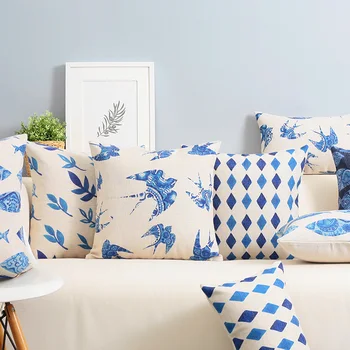 

1PC Free Shipping Blue Fish Cushion Home Decor Pillow Linen Cotton Cushions Decorative Throw Pillows 45X45CM