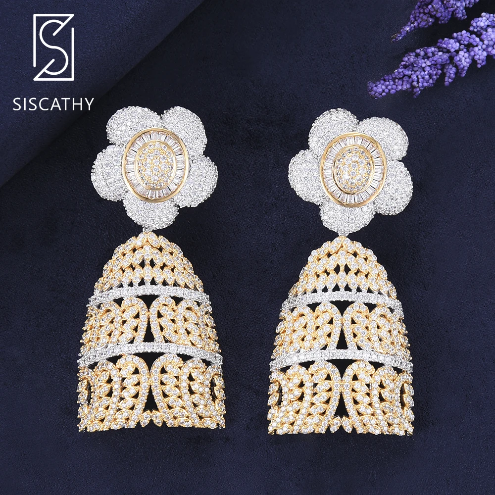 

SISCATHY Luxury Flower Hollow pendant Nigerian Bridal Wedding Engagement Full Cubic Zirconia Big Drop Dangle Earrings