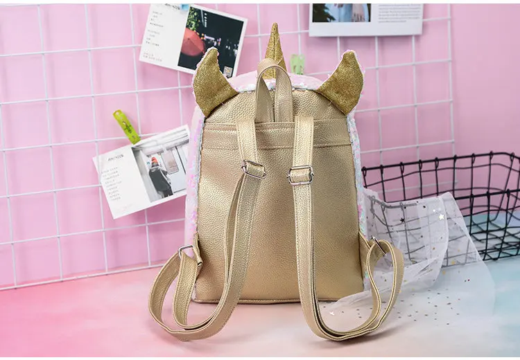 Rdywbu 2 lentejuelas unicornio Mochila de moda brillo libro de la Escuela de chicas lindo holograma láser de cuero de la PU de viaje Mochila B616