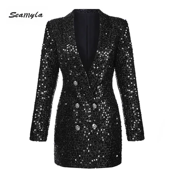 

Seamyla Fashion Winter Women Blazers and Coats Lady Suit Slim Black Sequined Blazer New Long Sleeve Double Breasted Outerwears