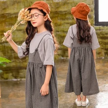 Комплект летней одежды для девочек, хлопковая футболка, детская одежда, хлопковый льняной костюм для девочек, детские костюмы, Повседневная рубашка, комбинезон