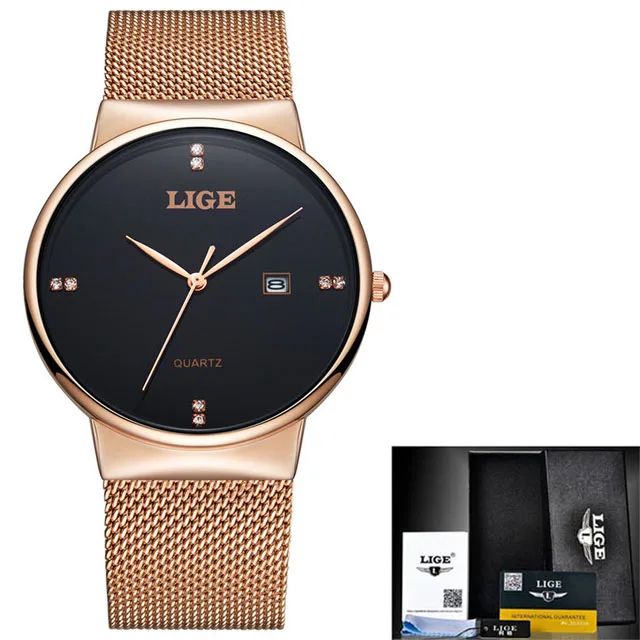 LIGE, модные мужские часы, Лидирующий бренд, Роскошные Кварцевые часы, мужские повседневные тонкие сетчатые стальные водонепроницаемые спортивные часы, мужские часы+ коробка - Цвет: Gold Blakc