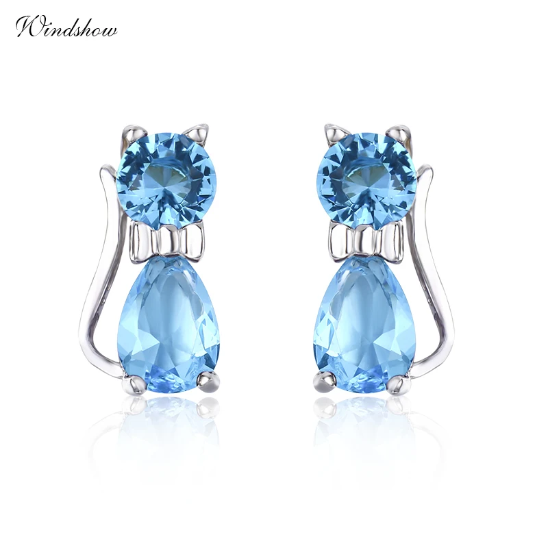 925 пробы серебряные милые котята котенок кошка синие кристаллы маленькие серьги гвоздики для женщины девушки, дети, ребенок ювелирные изделия анти-аллергические