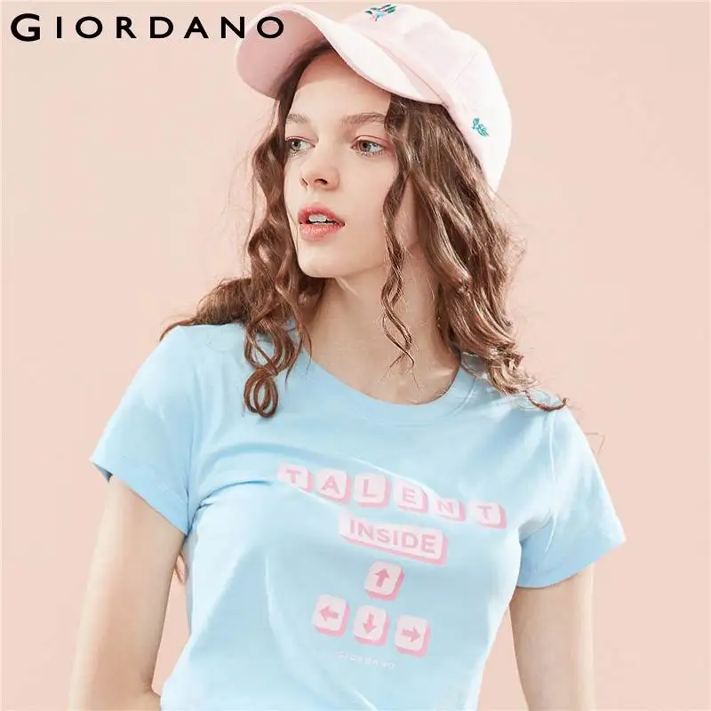 

Giordano Women T Shirt Women Printed Letter Graphic Pure Cotton Tshirt Women Ribbed Round Neck Summer Tops Camiseta Mujer