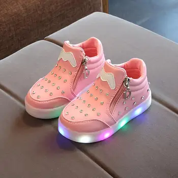 

2018 European zip high quality glitter solid baby girls boys shoes cool casual LED lighted sneakers cute baby first walkers
