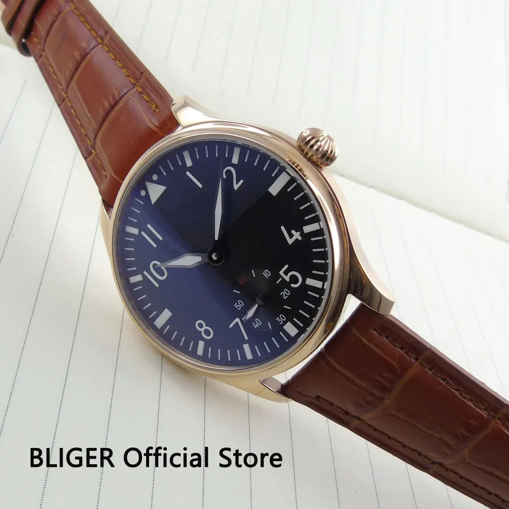 

Vintage 44MM Black Sterile Dial Rose Golden Case Luminous Pointer Genuine Leather 6498 Hand Winding Movement Men's Pilot Watch