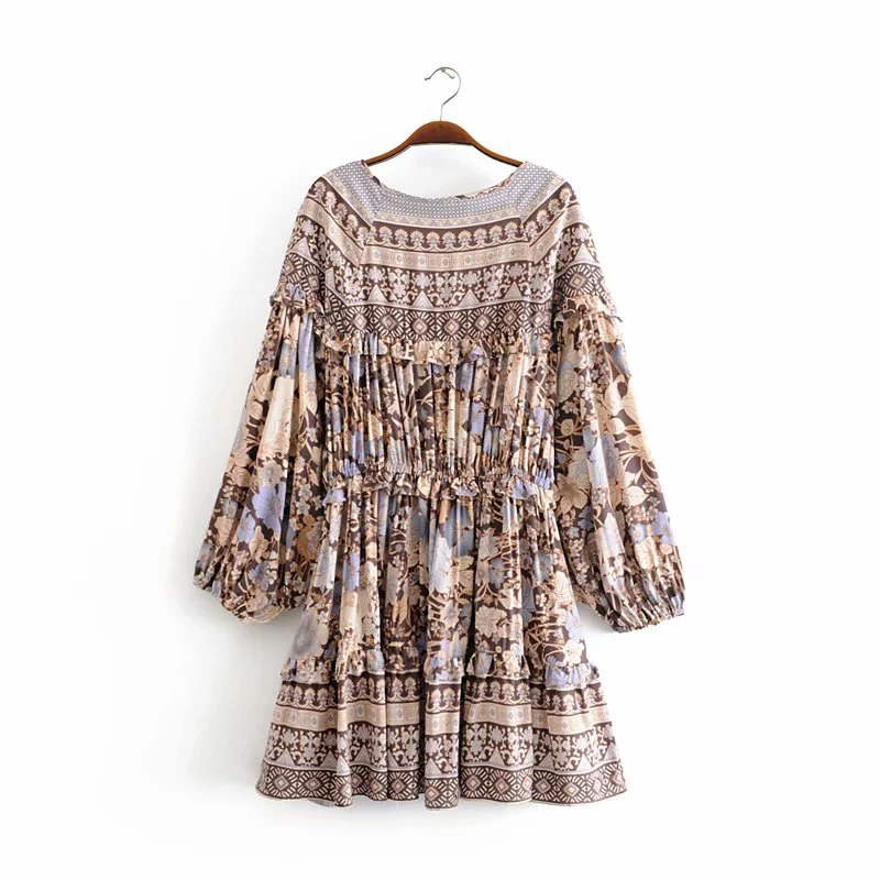 Everkaki Boho Gypsy мини-платье для женщин с оборками и круглым вырезом, с длинным рукавом, богемное женское платье, лето-осень