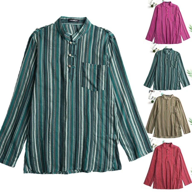 

INCERUN 2019 Men's Shirts Striped Long Sleeve Ethnic Loose Male Tops Pocket Button Retro Cotton Camisa Masculina Plus Size S-5XL