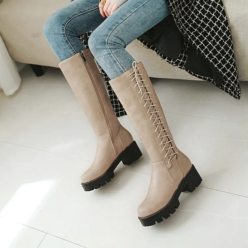 33 black 2018 Talon Beige Bout Med Femmes Chaussures brown attaché Bottes Taille Pour Mode Hiver Égérie Hautes Rond Croix 43 Zipper Nouvelle Carré Platfrom SpVGqMUz