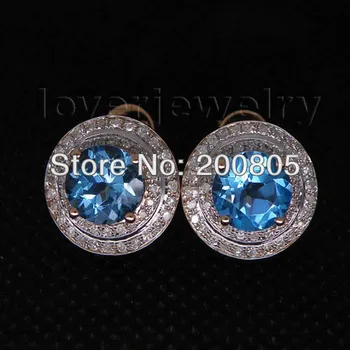 

Vintage Round 7mm Solid 14Kt Rose Gold Diamond Blue Topaz Earrings ER002