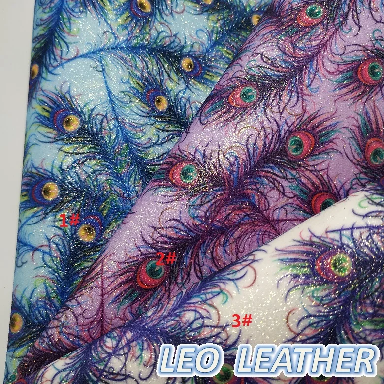 

1PCS 21X29CM Synthetic Letaher, Fine Glitter Leather with Printed Peacock Feather For DIY Accessories 8S92C