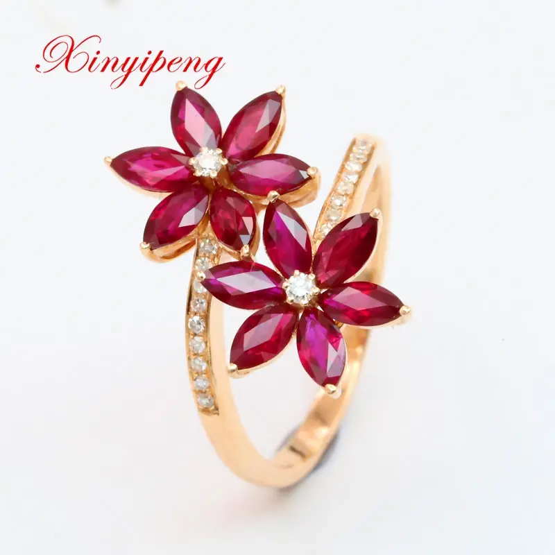 

Xin yi peng 18 k rose gold 1.81 ct natural pigeons red ruby ring with diamond elegant fashion flower woman ring party