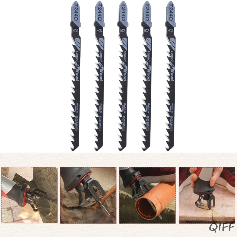 

5 Pcs T244D HCS T-Shank Curved Jigsaw Blades Cutting Tool For Wood Fast Cutting Mar28