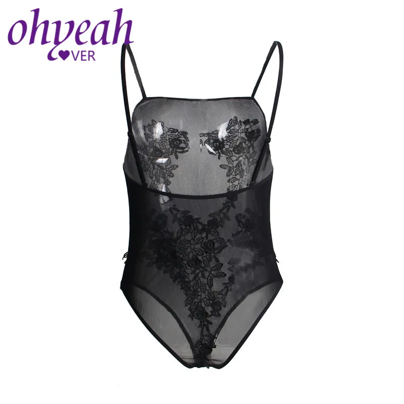 Ohyeahlover Camisole боди бодикон Цветочные аппликации боди Женский черный комбинезон с открытой спиной летние прозрачные сетчатые плюшевые костюмы RM80613