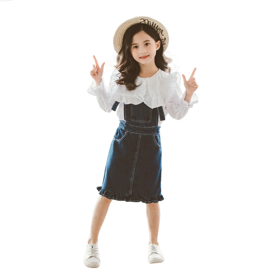 

2019 Children's Clothing Set For Girls Denim Kids Clothing 6 8 12 Years Spring Blouse+Denim Dress 2 Pcs Clothes For Teen Girls