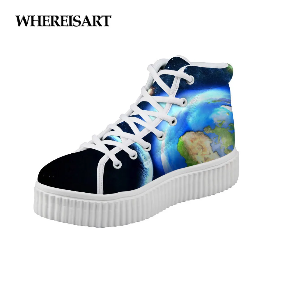 

WHEREISART Women Platform Shoes 2019 Spring High Top Canvas Sneakers Planet Printing Height Increasing Creepers Tenis Feminino
