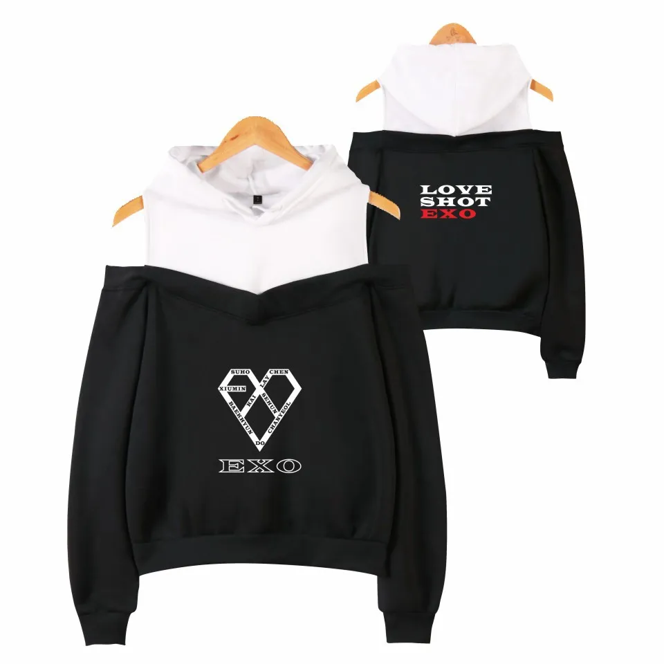 

EXO Kpop Off-Shoulder Hoodies Sweatshirts Women Long Sleeve Sexy Hooded Sweatshirt korean streetwear popular Coat Women Clothes