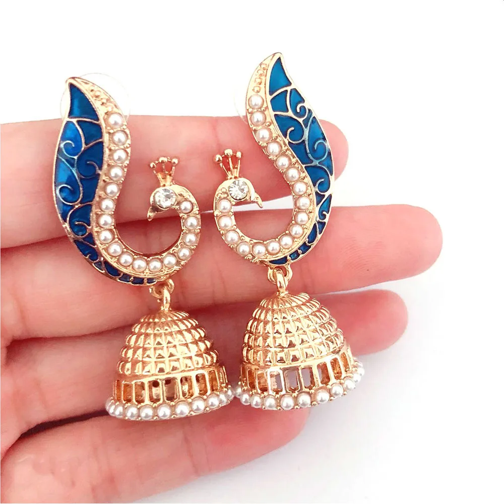 

Gold Pearl Blue Peacock Drop Earrings For Women Mosaic Brincos De Festa Indian Jewelry Pendientes Largos Joias