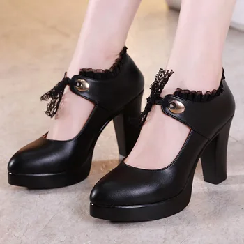 

Cheongsam shoes with a walk show thick with model shoes black performance high heels large size women's shoes shallow mouth