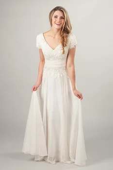 

2019 New A-line Lace Chiffon Long Modest Wedding Dresses With Cap Sleeves V Neck Floor Length Simple Informal LDS Bridal Gowns