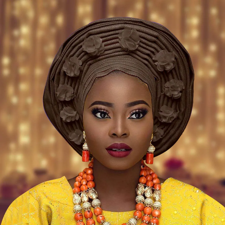 Африканский aso oke Авто геле для женщин с цветком нигерийский aso ebi головной убор для свадьбы