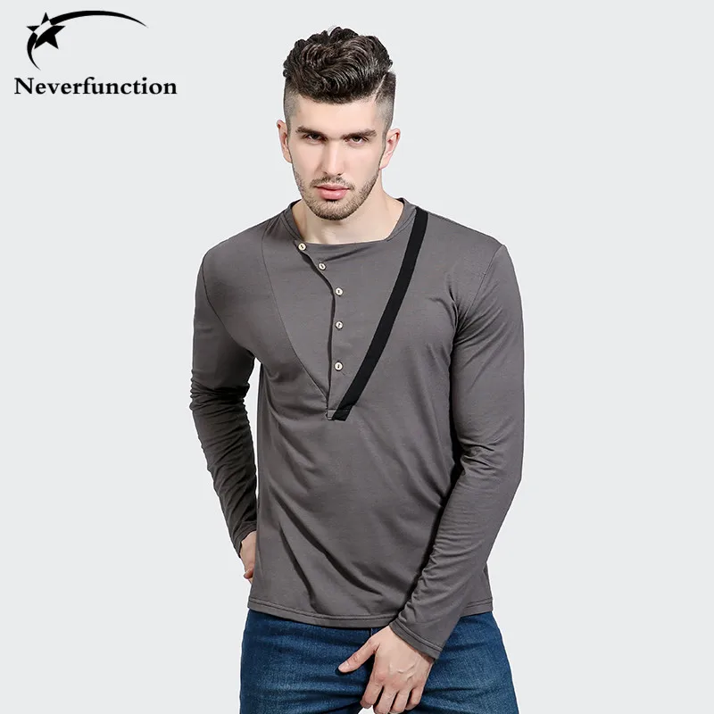 

Oblique button Stitching Long Sleeve Men hip hop T Shirts Slim Cotton Fashion high quality tee Men Streetwear Casual T shirts