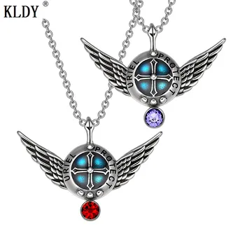 

KLDY Punk Stainless nature stone Pendant Angel Wings Protection Shield Magic Powers Charm Red Crystal Pendant Necklace wholesale