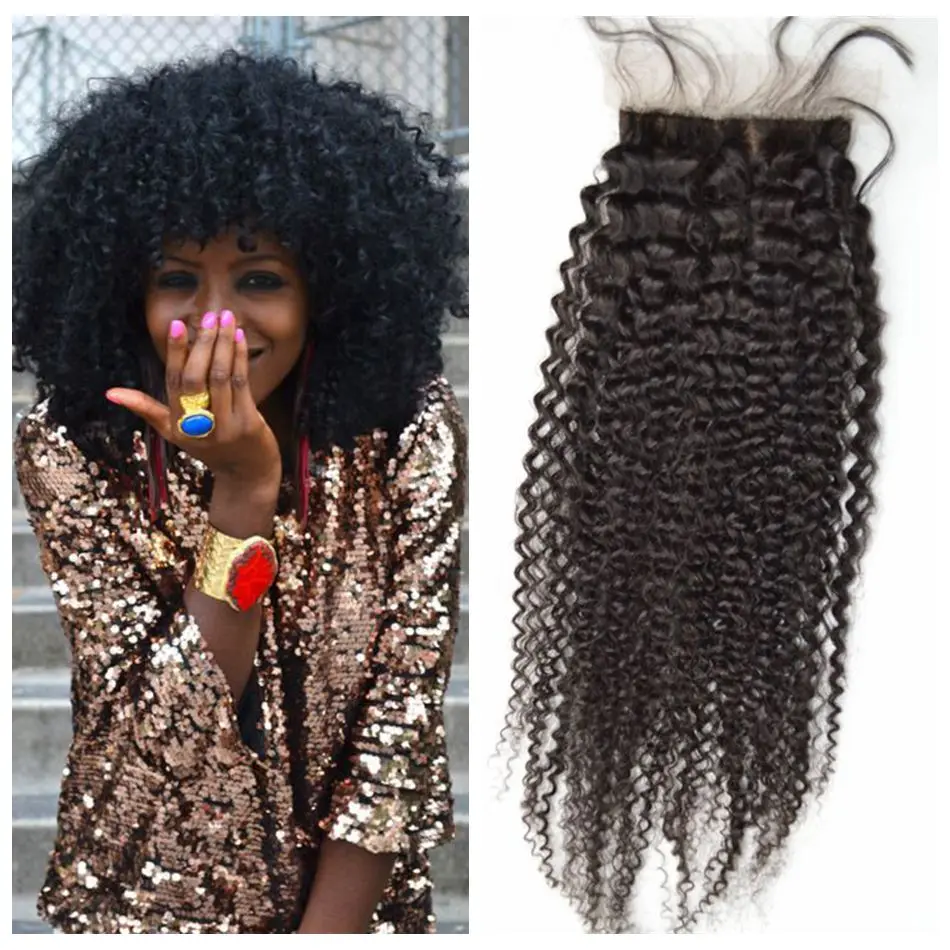 

Cheap Afro Kinky Curly Silk Base Closure 4x4 Peruvian Virgin Hair Natural Black 8-22inch Curly Hair Closure 130% Density