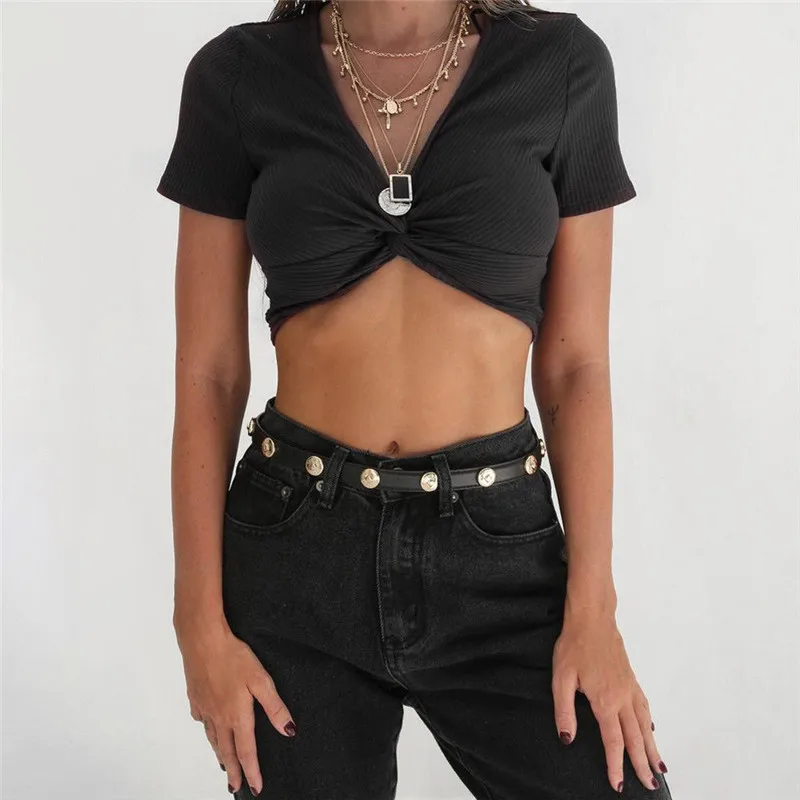 Women Crop Top Sexy Blouse Women Knitted Short Sleeve v Neck Blouse