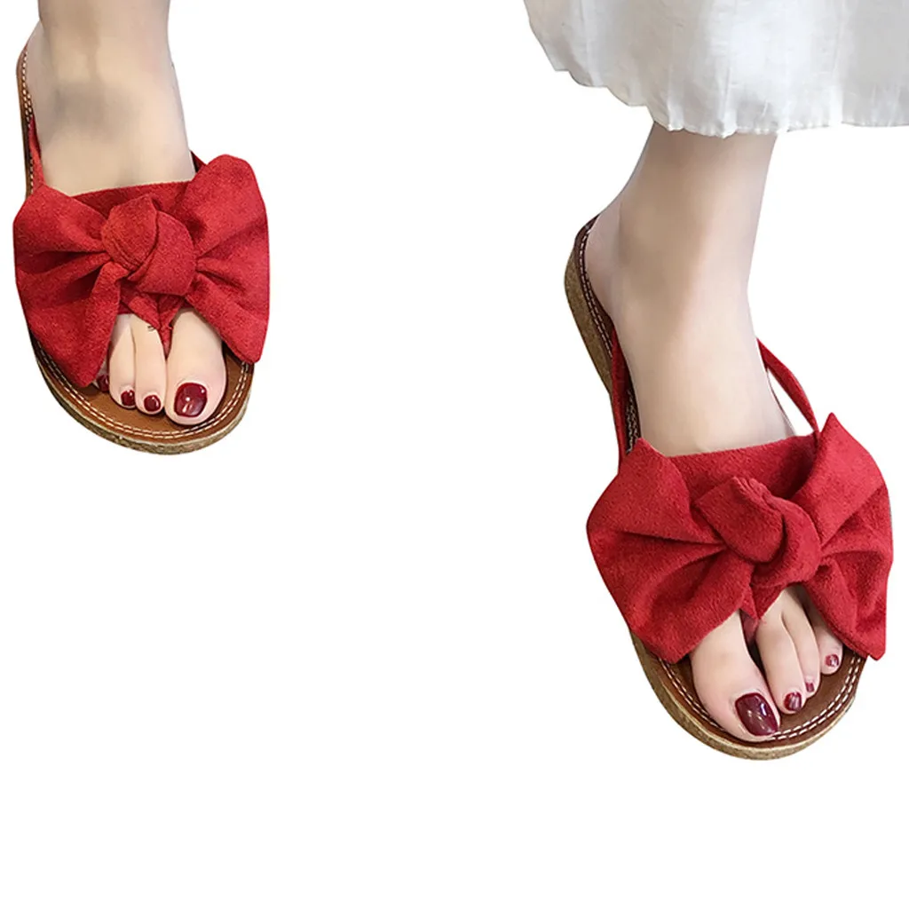 Сплошной цветной галстук-бабочка Босоножки на плоской подошве размеры 36–40 открытый тапочки пляжная обувь для женщин летом Рим моды Женские вьетнамки