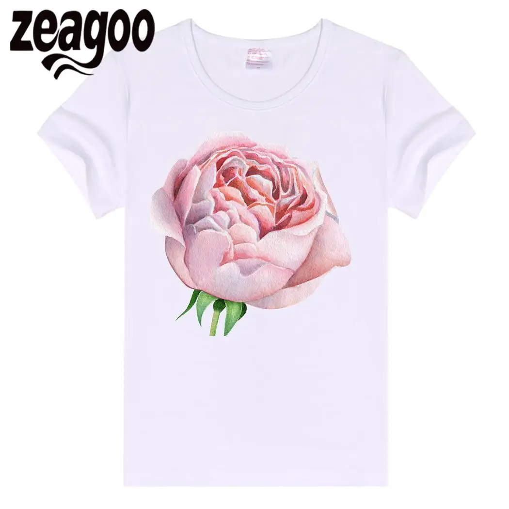 Zeagoo тонкий Повседневное, экипаж шеи Для женщин Fit мягкий короткий рукав Футболка белый цветок