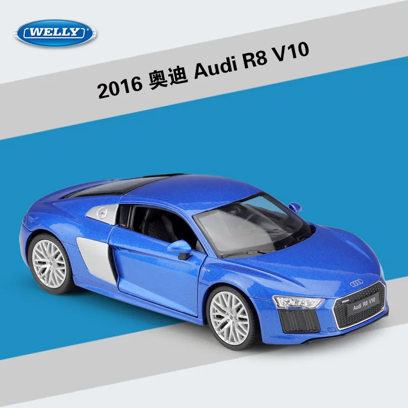 Blue 1:24 WELLY симулятор классический металлический Audi R8 литой автомобиль модель автомобиля Игрушка Железный человек автомобиль для детей подарки на день рождения Коллекция - Цвет: Blue