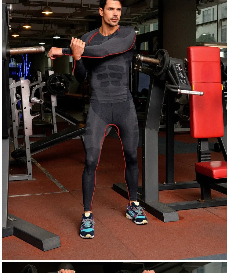 Фитнес мужской спортивный комплект одежды для тренировок быстросохнущие спортивные штаны для бега леггинсы+ футболки с длинными рукавами мужской спортивный костюм
