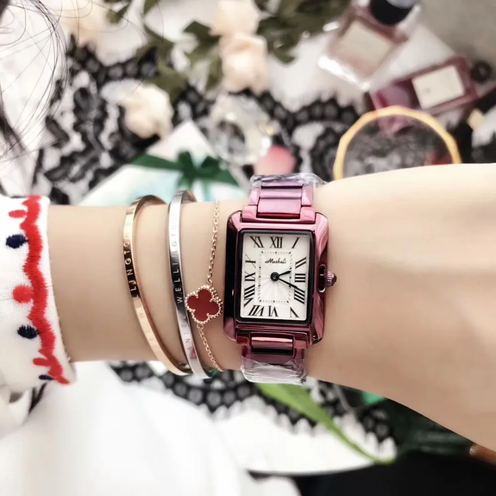 Винтажные квадратные женские деловые Часы Анти-выцветающие фиолетовый браслет часы 2 руки Аналоговые кварцевые наручные часы римский номер Montre