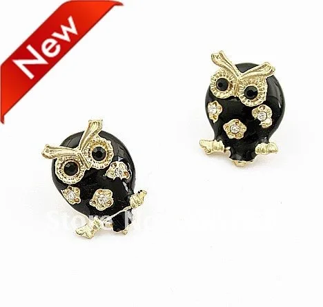 (Min order $10) Hotsale Must-haves Cute Black Owl Earrings Stud Korean Earpin Imitated Gemstone Jewelry 1pair | Украшения и