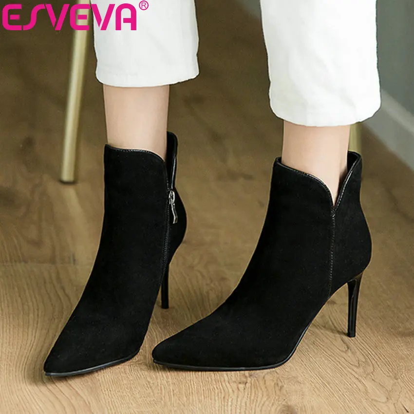 

ESVEVA 2019 Woman Chelsea Boots Thin Heels Shoes Solid Pointed Toe High Heels Shoes Zip Winter Women Handmade Ankle Boots 34-43