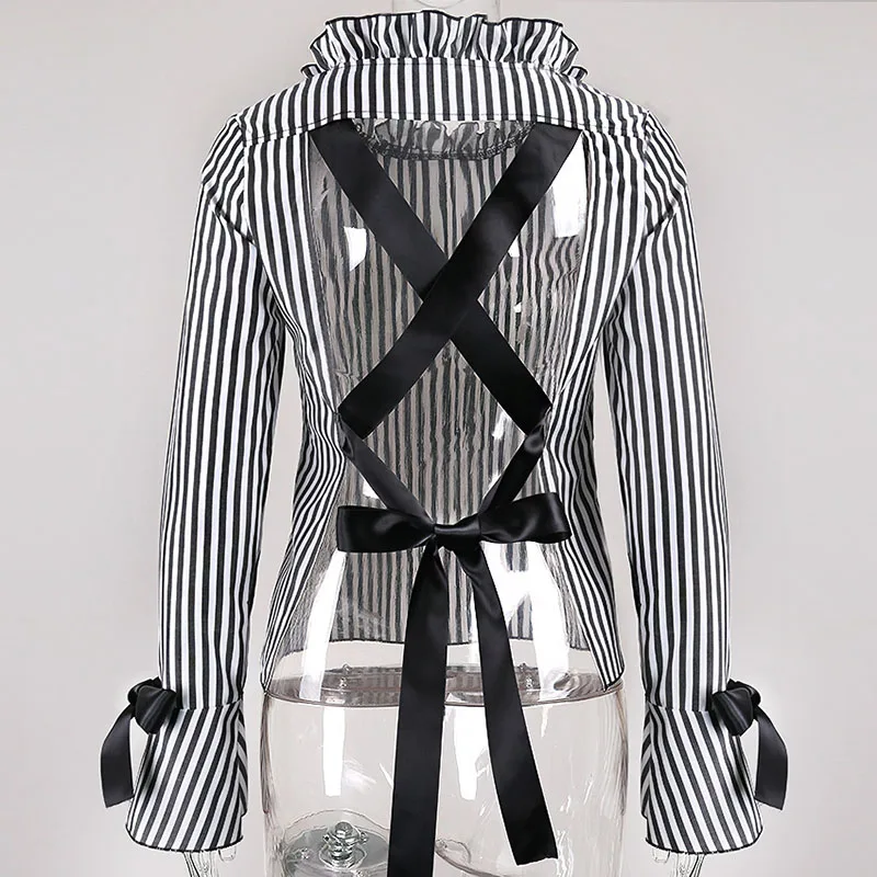 Self Duna Summer Sexy Backless Top Women Striped Shirt Black Loose Long Sleeve Lace Up Female Blouse Shirt Chemise Femme