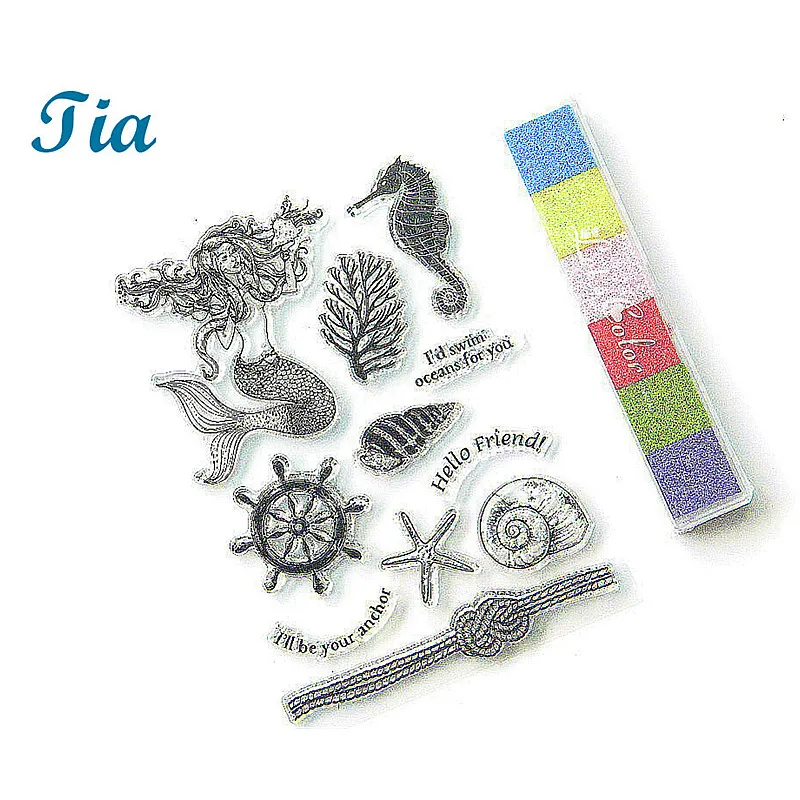 

1SET Sea Transparent rubber Stamp with gradient inkpad Mermaid Clear stamps steering wheel Seal for Scrapbooking DIY Decor