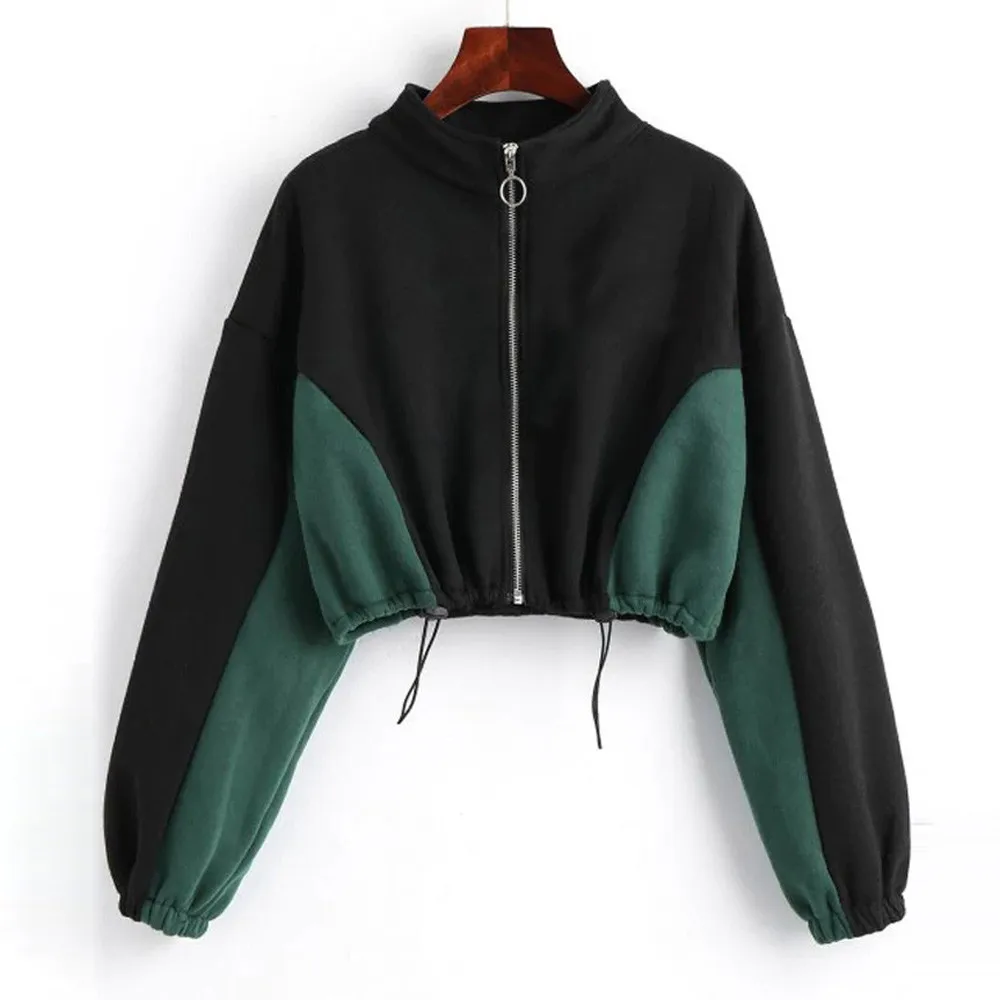 

Autumn 2018 Harajuku Sweatshirt Hoodies Women Streetwear Zipper Color Block Crop Top Hoodie Korean Style Woman Clothes