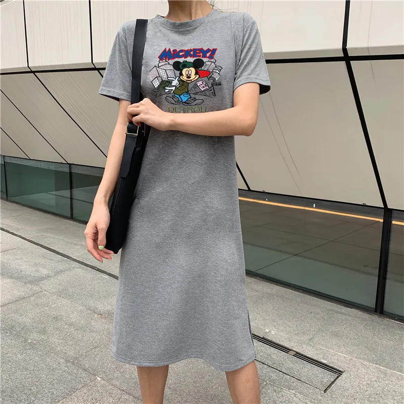 

Black gray Solid Color Women T Shirt Dress Casual Loose Mickey Mouse Long Dresses female Short Sleeve Vintage O-neck 2019 summer