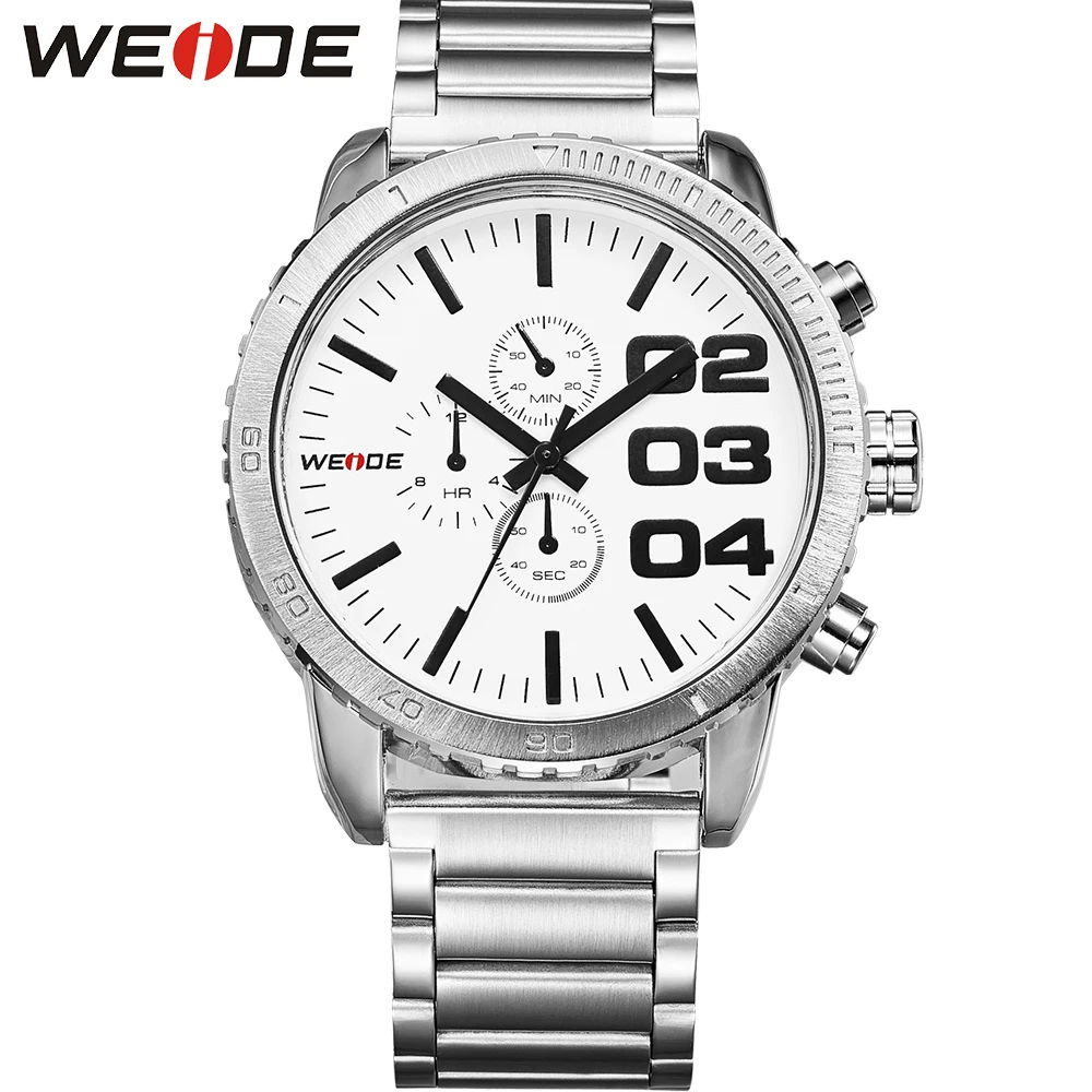 ФОТО WEIDE Luxury Brand Japan Movement Quartz Fashion Stainless Steel Watches White Dial Big Numbers Full Stainless Steel Wrist Watch