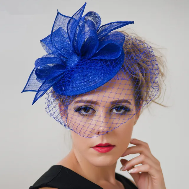 Red Royal Blue Wedding Sinamay Fascinator Hairbands Fashion Women Red Royal Blue Wedding Sinamay Fascinator Hairbands Fashion Women Elegant Church Party Hat Birdcage Veil Tail