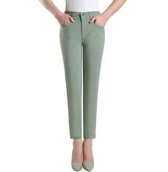 Новая мода лето осень 8 сплошной цвет карандаш капри женский из смеси хлопка эластичный зеленый оранжевый бежевый Высокая талия брюки zsy0903 - Цвет: Зеленый
