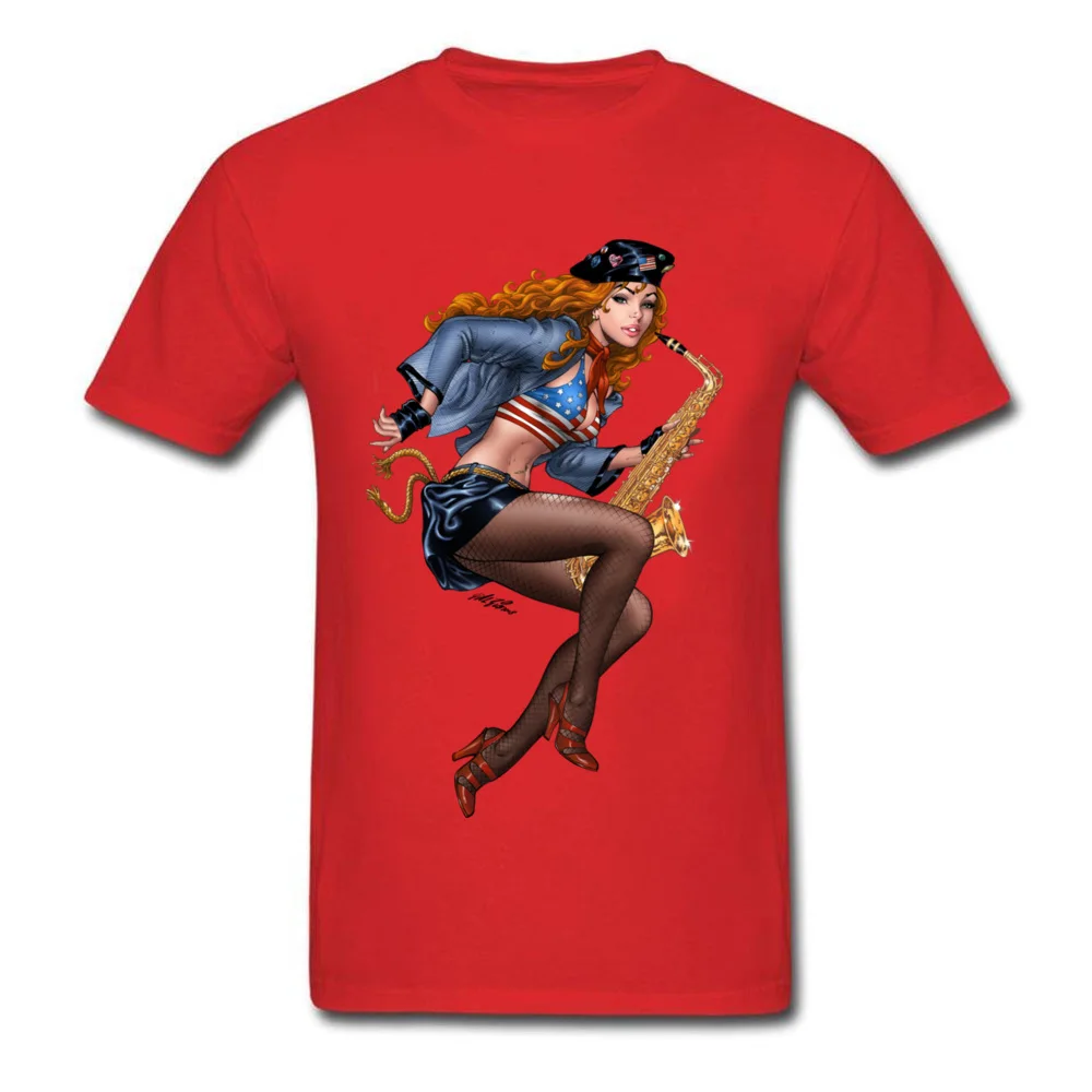 Cool Saxophone Playing Redhead Pinup Tops Shirt New Fashion Crew Neck Funny Short Sleeve 100% Cotton Student T Shirt Tee Shirts Cool Saxophone Playing Redhead Pinup red