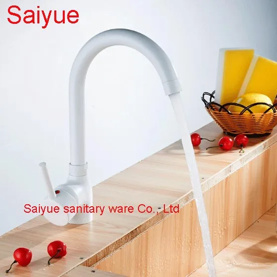 

360 Degree Swivel Pure White Hot and Cold Water Kitchen Faucet Painting Finish Deck Mounted Vessel Sink Cuisine Mixer Tap